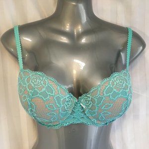 La Vie En Rose 34D Blue Beige Plunge Push-up Padded Underwire Bra Floral Lace